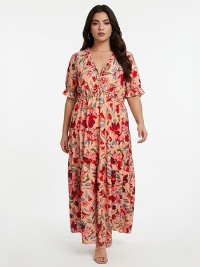 NWT Camisa SZ L Red/pink/green/blue V-neck tiered maxi dress/Bust 43”
